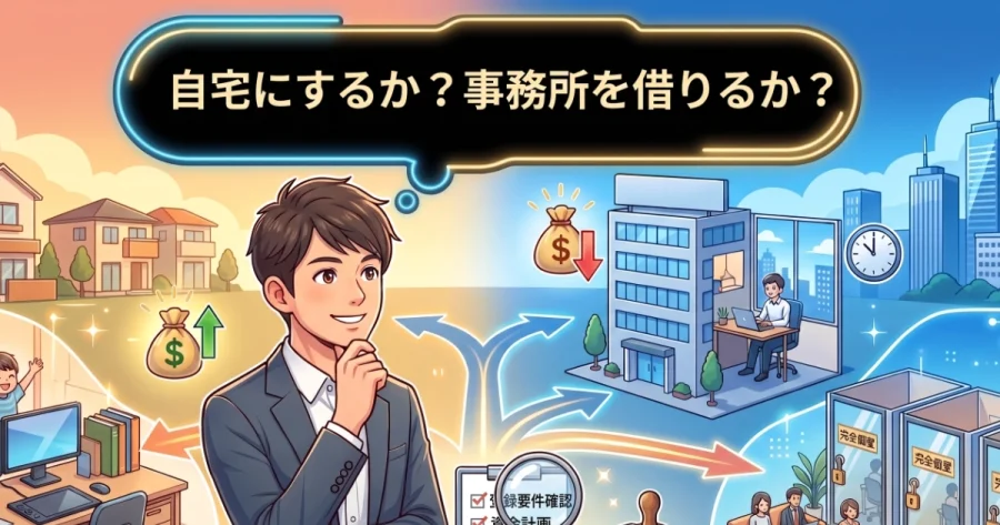 独立開業する行政書士が「事務所を自宅にするか?賃貸にするか?」と悩んでいるイラスト。自宅兼事務所、賃貸オフィス、レンタルオフィスの選択肢が描かれています。