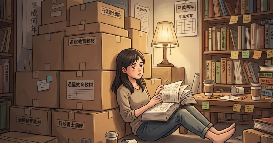行政書士試験の通信教育で届いた大量の段ボール箱やテキストに囲まれ、勉強法がわからず途方に暮れる初学者の女性のイラスト。インプットに偏った間違った学習環境による絶望を表現。