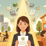 中央に行政書士試験の合格証書を持つ笑顔の人物が立ち、左側には一般企業でのオフィスワークの様子、右側には独立開業した行政書士事務所で顧客と談笑する様子が描かれたイラスト。行政書士資格を活かした「企業への就職・転職」と「独立開業」という2つのキャリアパスを表現しています。