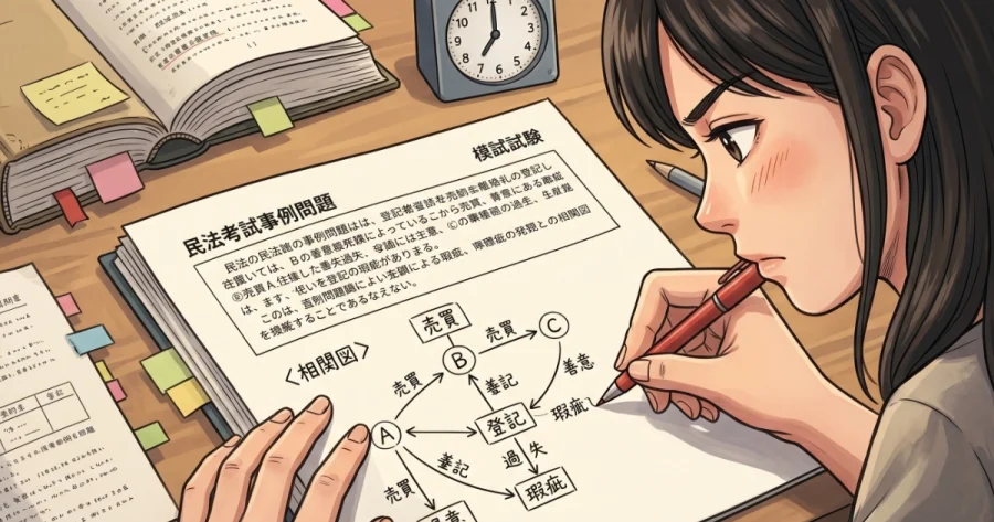 行政書士試験の民法の複雑な事例問題を解くために、余白に登場人物（A・B・C）や「売買」「登記」「瑕疵」などの法律用語を使った相関図をスラスラと書き出している手元のイラスト。リーガルマインドの覚醒を表現。