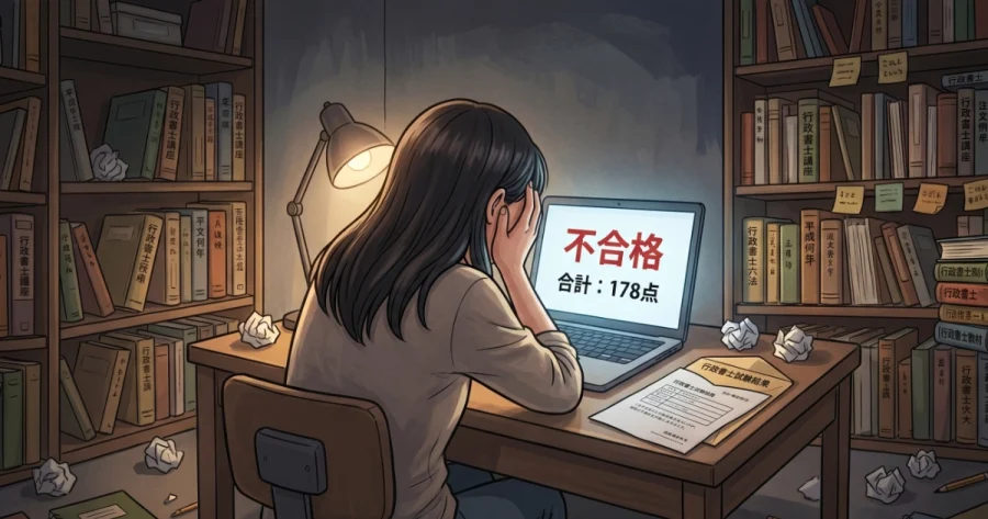 薄暗い部屋でパソコンの画面を見つめ、行政書士試験に「178点（あと1問）」で不合格となった結果を見て頭を抱え絶望する受験生のイラスト。180点の絶対評価の残酷さと、泥沼への入り口を表現。