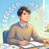デスクに向かい、パソコンと参考書を使って行政書士試験の勉強をする男性のイラスト。背景には合格を象徴する月桂樹や学習のスケジュール管理を表す時計、官公庁の建物が描かれ、前向きに学習に取り組む姿勢を表現しています。