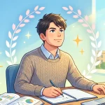 デスクに向かい、パソコンと参考書を使って行政書士試験の勉強をする男性のイラスト。背景には合格を象徴する月桂樹や学習のスケジュール管理を表す時計、官公庁の建物が描かれ、前向きに学習に取り組む姿勢を表現しています。
