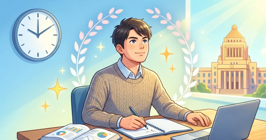 デスクに向かい、パソコンと参考書を使って行政書士試験の勉強をする男性のイラスト。背景には合格を象徴する月桂樹や学習のスケジュール管理を表す時計、官公庁の建物が描かれ、前向きに学習に取り組む姿勢を表現しています。