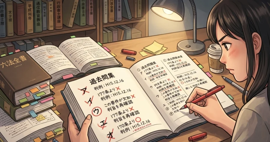 六法全書を開きながら、行政書士試験の過去問集のすべての選択肢にバツの理由や判例を赤ペンでびっしりと書き込み、徹底的に分析（解体）している女性のイラスト。アウトプット重視の正しい学習戦略への転換を表現。