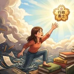 行政書士試験の荒波（平成と書かれた古い本や時計）から這い上がり、輝く合格バッジ（桜のマークと「行政書士」）に向かって手を伸ばす女性のイラスト。勉強法がわからず泥沼にはまった状態からの脱出を表現。右側には積み上がった新しい本。