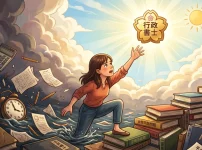 行政書士試験の荒波（平成と書かれた古い本や時計）から這い上がり、輝く合格バッジ（桜のマークと「行政書士」）に向かって手を伸ばす女性のイラスト。勉強法がわからず泥沼にはまった状態からの脱出を表現。右側には積み上がった新しい本。