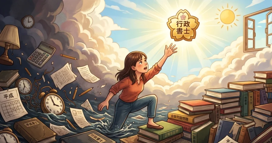 行政書士試験の荒波（平成と書かれた古い本や時計）から這い上がり、輝く合格バッジ（桜のマークと「行政書士」）に向かって手を伸ばす女性のイラスト。勉強法がわからず泥沼にはまった状態からの脱出を表現。右側には積み上がった新しい本。