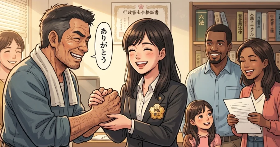 行政書士のバッジを胸につけた女性が、事務所で建設業の親方や外国人の家族など多様な依頼者から笑顔で「ありがとう」と両手を握り感謝されているイラスト。苦しい受験勉強の先にある実務のやりがいと明るい未来を表現。