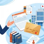 行政書士の独立開業準備をイメージしたイラスト。事業用の銀行口座（通帳）、クレジットカード、クラウド会計ソフトを示すパソコン、行政機関の建物が描かれています。