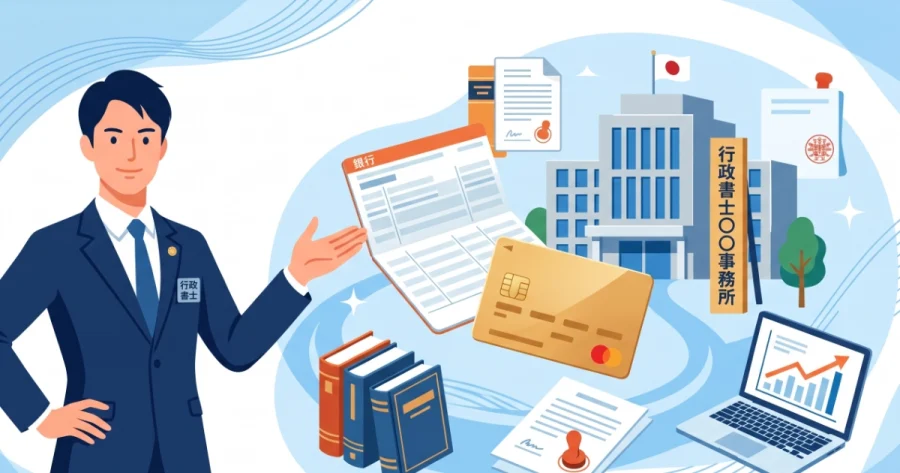 行政書士の独立開業準備をイメージしたイラスト。事業用の銀行口座（通帳）、クレジットカード、クラウド会計ソフトを示すパソコン、行政機関の建物が描かれています。