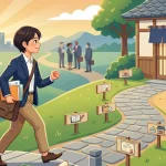 行政書士試験合格から実務経験を積み、開業へと至るキャリアパスを描いたイラスト。若い男性が、「受験勉強」「登録」「実務成（実務経験を意図）」「開業」の立て札が立つ道を歩み、和風の事務所前で笑顔の先輩行政書士に迎えられる。