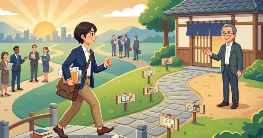 行政書士試験合格から実務経験を積み、開業へと至るキャリアパスを描いたイラスト。若い男性が、「受験勉強」「登録」「実務成（実務経験を意図）」「開業」の立て札が立つ道を歩み、和風の事務所前で笑顔の先輩行政書士に迎えられる。
