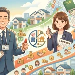 行政書士（許可証を持つ男性）と宅建士（鍵と重要事項説明書を持つ女性）が並び立ち、ダブルライセンスの相乗効果でビジネスが右肩上がりに成長していく様子を描いたイラスト。背景には住宅街や街並み、不動産取引や収益化を示すアイコンが配置されており、両資格の実務的な強いつながりを表現しています。