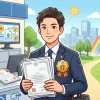 税務署の窓口で開業届などの書類を提出し、晴れて事務所をスタートさせる新人行政書士のイラスト