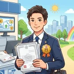 税務署の窓口で開業届などの書類を提出し、晴れて事務所をスタートさせる新人行政書士のイラスト