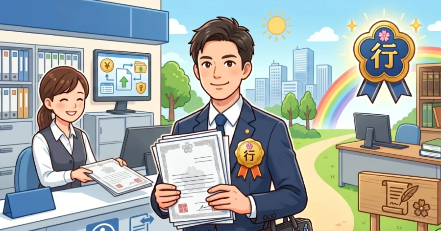 税務署の窓口で開業届などの書類を提出し、晴れて事務所をスタートさせる新人行政書士のイラスト