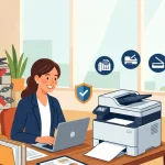 行政書士の独立開業における賢いプリンター選びを表現したイラスト。高額な大型複合機のリース契約を避け、実務に最適なFAX・スキャン機能付きのコンパクトなA4複合機を購入・活用している様子。