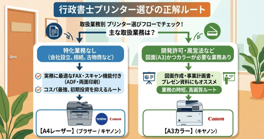 行政書士向けのプリンター選び方を解説したフローチャート画像。特化業務がない場合はコスパ最強のA4レーザー、開発許可など図面やプレゼン資料を扱う場合はA3カラー対応機種を選ぶルートを図解しています。