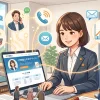 ノートパソコンで自作ホームページを運用し、様々な顧客からの問い合わせや集客につなげている女性行政書士のイラスト