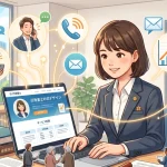 ノートパソコンで自作ホームページを運用し、様々な顧客からの問い合わせや集客につなげている女性行政書士のイラスト