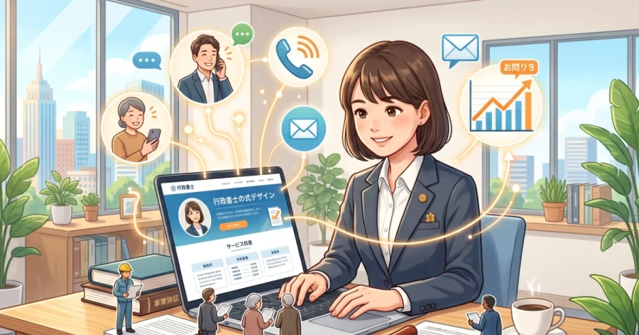 ノートパソコンで自作ホームページを運用し、様々な顧客からの問い合わせや集客につなげている女性行政書士のイラスト