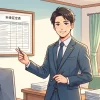 事務所の壁に掲示した報酬額表を指差して笑顔で案内する、スーツ姿の男性行政書士のイラスト
