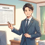 事務所の壁に掲示した報酬額表を指差して笑顔で案内する、スーツ姿の男性行政書士のイラスト