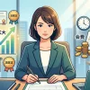 デスクで書類に向かう女性行政書士のイラスト。左側には職域拡大を示すグラフや法改正のアイコン、右側には会費や固定費を示すお金のアイコンが描かれており、行政書士政治連盟への加入のメリットとデメリットを比較検討している様子を表しています。