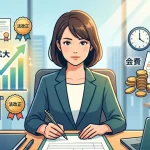 デスクで書類に向かう女性行政書士のイラスト。左側には職域拡大を示すグラフや法改正のアイコン、右側には会費や固定費を示すお金のアイコンが描かれており、行政書士政治連盟への加入のメリットとデメリットを比較検討している様子を表しています。
