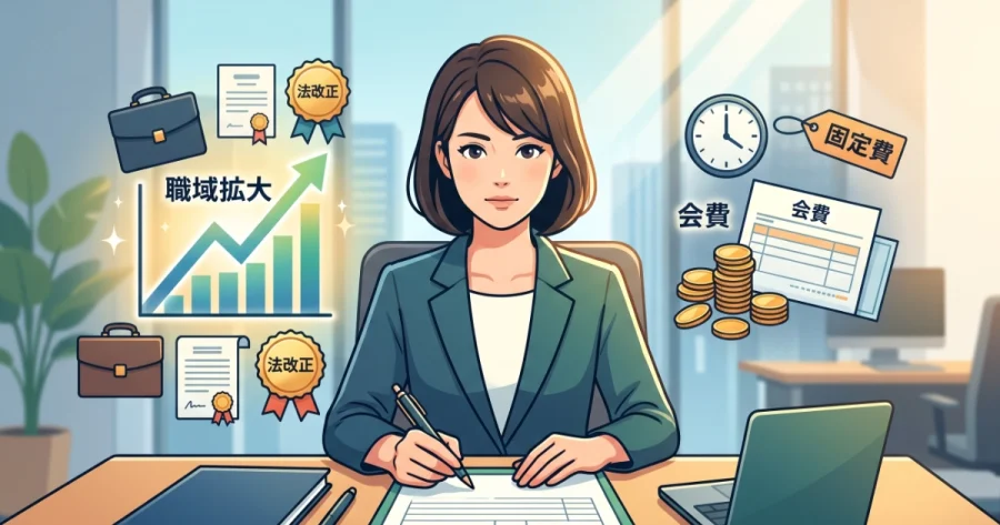 デスクで書類に向かう女性行政書士のイラスト。左側には職域拡大を示すグラフや法改正のアイコン、右側には会費や固定費を示すお金のアイコンが描かれており、行政書士政治連盟への加入のメリットとデメリットを比較検討している様子を表しています。