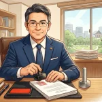 行政書士の職印（角印）を押印する先輩行政書士のイラスト
