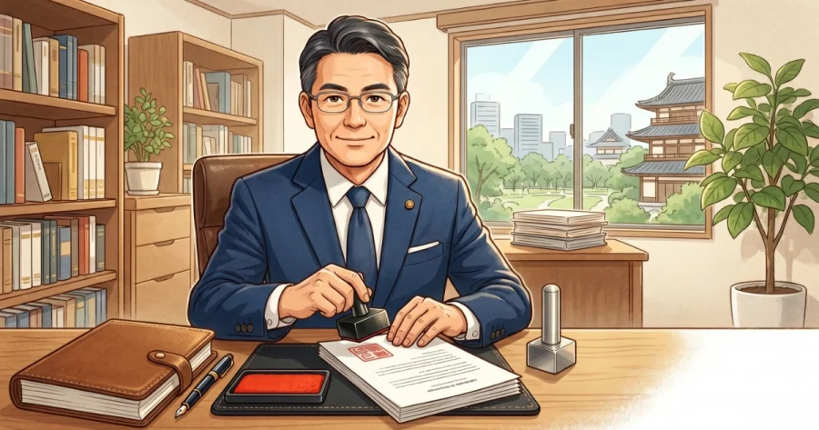 行政書士の職印（角印）を押印する先輩行政書士のイラスト