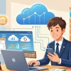 パソコンとスマートフォンを使ってクラウド会計ソフトで確定申告（青色申告）の経理作業を行う、開業1年目の行政書士のイラスト。