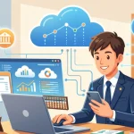 パソコンとスマートフォンを使ってクラウド会計ソフトで確定申告（青色申告）の経理作業を行う、開業1年目の行政書士のイラスト。