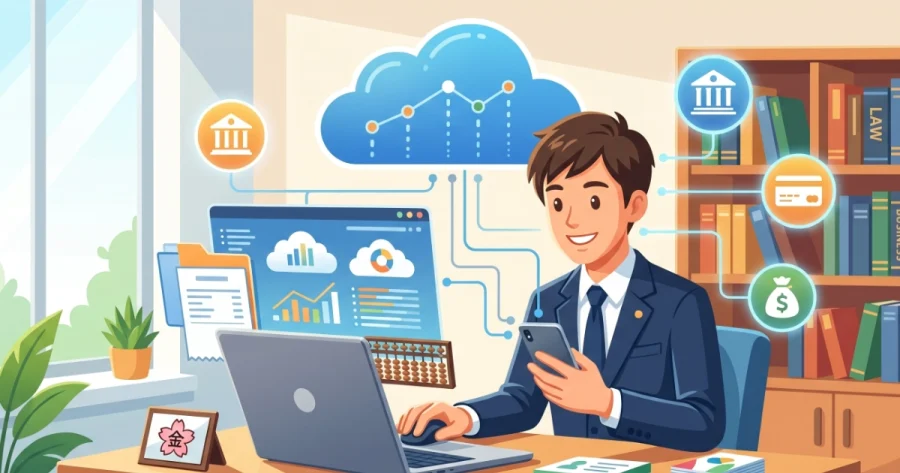 パソコンとスマートフォンを使ってクラウド会計ソフトで確定申告（青色申告）の経理作業を行う、開業1年目の行政書士のイラスト。