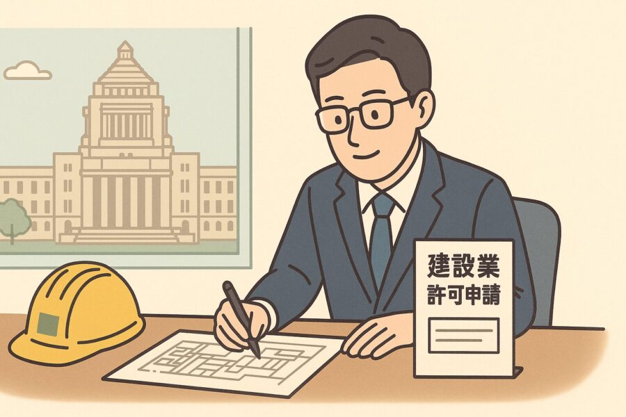 デスクで建設業許可申請書類を確認する行政書士のイラスト