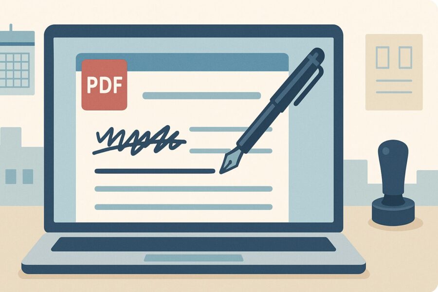 コンピューター画面に表示されたPDF文書に手書き文字を消してタイピングで入力し直す様子を描いたイラスト画像