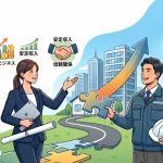 建設業許可の専門家である行政書士と建設業の経営者が、複雑な要件（パズル）を共にクリアし、事業拡大と企業の飛躍（右肩上がりの矢印と建設現場）を目指して伴走する姿を描いたアイキャッチ画像。独立開業や専門分野を模索する行政書士向け記事のイメージ。