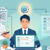 デスクでパソコンを操作する笑顔の行政書士の男性。頭上のAIアイコンを通じて、手書きの申請書や複雑な「神エクセル」が、自動で綺麗なPDFの入力フォームへと変換・効率化されている様子を描いたアイキャッチイラスト。