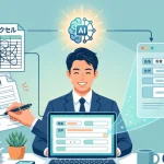デスクでパソコンを操作する笑顔の行政書士の男性。頭上のAIアイコンを通じて、手書きの申請書や複雑な「神エクセル」が、自動で綺麗なPDFの入力フォームへと変換・効率化されている様子を描いたアイキャッチイラスト。