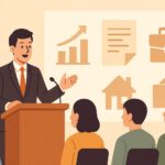行政書士による開業セミナーで講師がスライドを使って起業ノウハウを説明しているイラスト