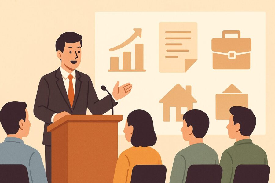 行政書士による開業セミナーで講師がスライドを使って起業ノウハウを説明しているイラスト