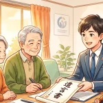 和やかな和室で、行政書士（バッジ付きスーツ）から遺言書の説明を受け、署名・押印しようとしている高齢者夫婦の相談風景