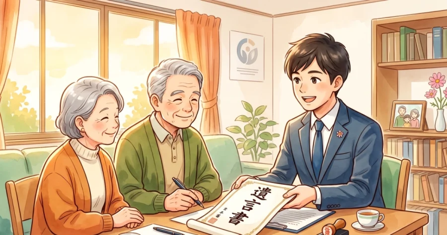 和やかな和室で、行政書士（バッジ付きスーツ）から遺言書の説明を受け、署名・押印しようとしている高齢者夫婦の相談風景