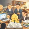 悪質なコンサルや情報商材などの「ひよこ狩り」の影が潜む中、先輩の行政書士たちから実務や電子申請の正しいサポートを受ける新人行政書士（ひよこ）のイラスト