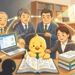 悪質なコンサルや情報商材などの「ひよこ狩り」の影が潜む中、先輩の行政書士たちから実務や電子申請の正しいサポートを受ける新人行政書士（ひよこ）のイラスト