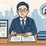 宅地建物取引業許可申請書に署名する行政書士と許可証が並ぶ横長イラスト