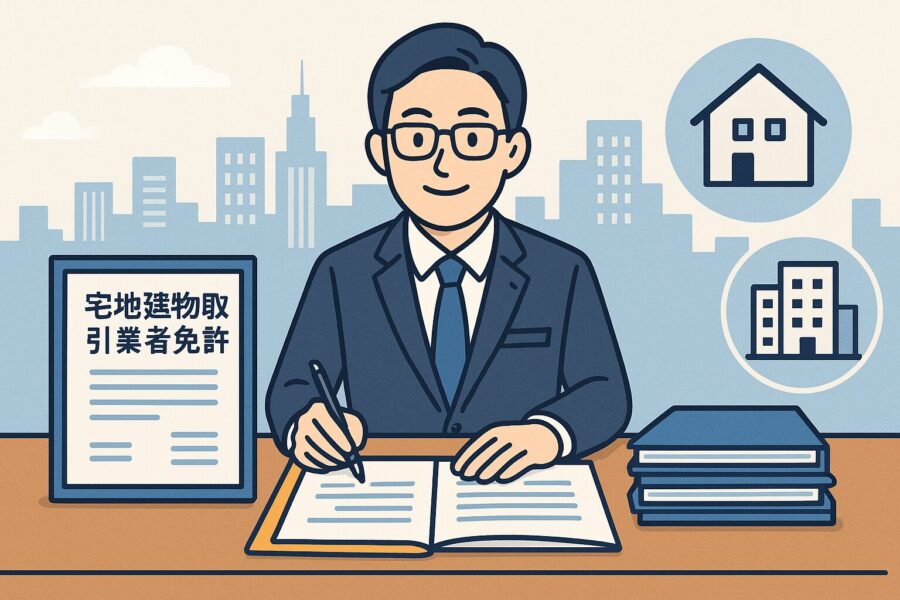宅地建物取引業許可申請書に署名する行政書士と許可証が並ぶ横長イラスト