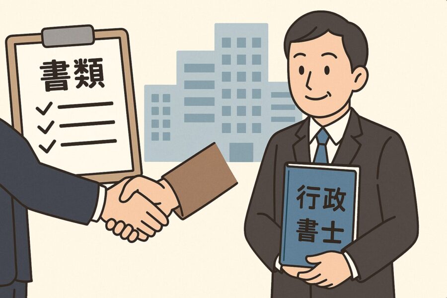 行政書士が法人設立をサポートするイラスト：書類と握手シーン、ビル背景付き